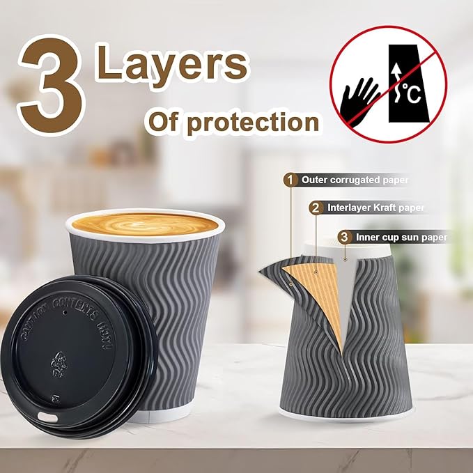 500 Pack Coffee Cups with Lids 16oz, Disposable Insulated Ripple Wall To Go Paper Coffee Cups for Hot/Cold Drinks Office Home Shop Event (Grey)