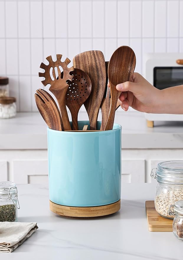 LoeJan 3 Compartment Utensil Holder, Extra Large Utensil Crock, Stable Ceramic Utensil Organizer, Cooking Tool Organizer Set for Kitchen Counter Farmhouse Decor, Turquoise