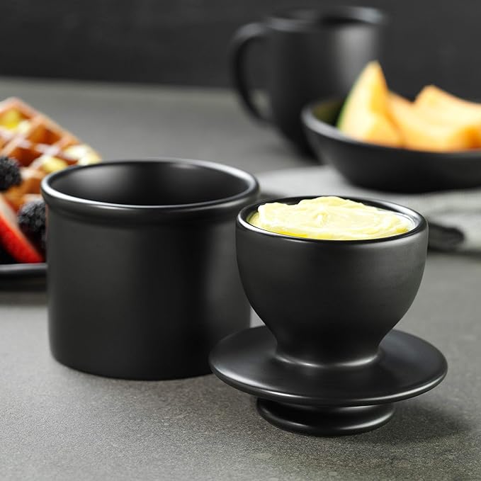 Butter Bell - The Original Butter Bell crock by L Tremain, a Countertop French Ceramic Butter Dish Keeper for Spreadable Butter, Glossy White + Matte Black