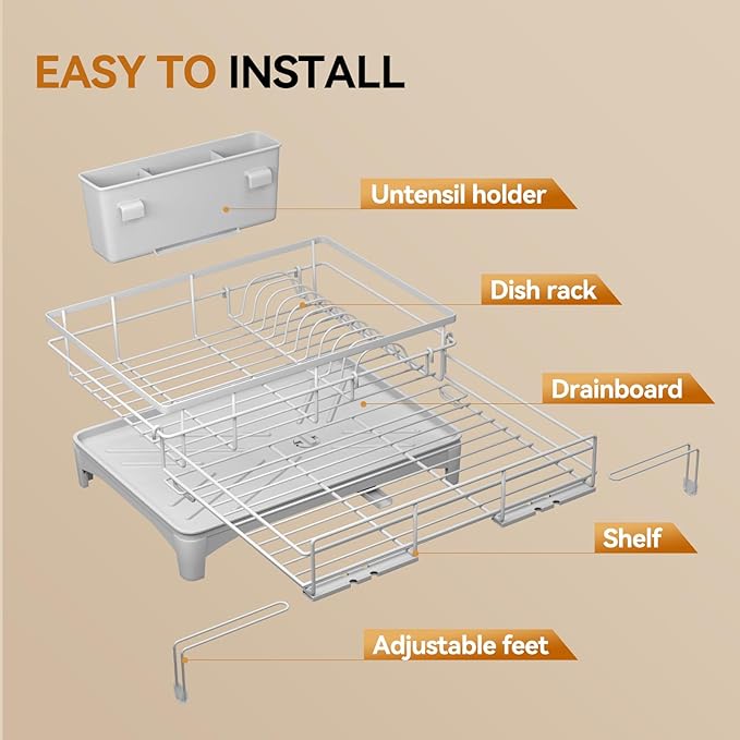 Laveshop Dish Drying Rack - Expandable Rack, Large Capacity Dish Drainer for Kitchen Counter, Rust-Proof with Utensil Holder, Gray
