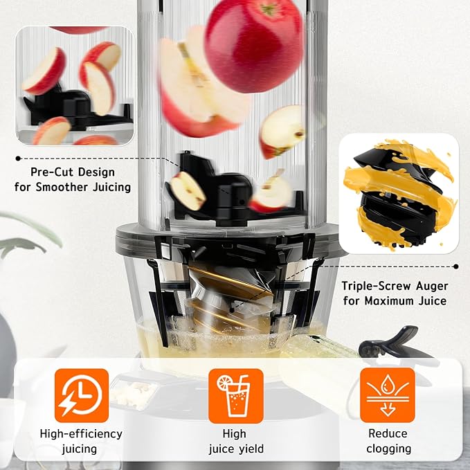 Cold press juicer machines，HYSapientia Electric masticating slow juicer for vegetable and fruit,Powerful Motor,Self Precut System,Easy to Clean,High Juice Yield,Juice & Fruit Purée Gelato Strainers