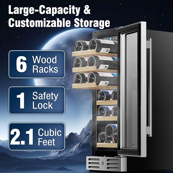 Kalamera Mini Fridge 18 Bottle - 12 inch Wine Cooler Refrigerator, Built-in or Freestanding, with Stainless Steel & Double-Layer Tempered Glass Door, and Temperature Memory Function Wine Fridge