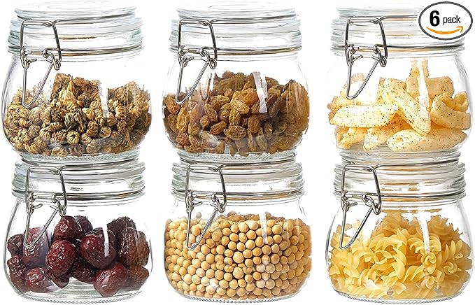 ODBCYWM 17oz Glass Food Storage Jars with Airtight Lids, Set of 6 – Clear Preserving Seal Wire Clip Fastening Canisters for Kitchen Canning, Flour, Cereal, Pasta, Sugar, Beans, Pickling Jars (17oz*6)