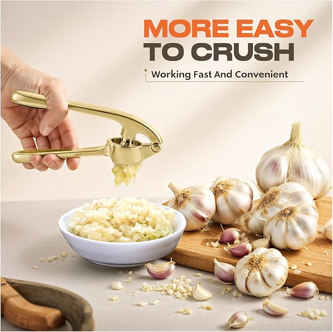 Kitchen Garlic Press, Rust Proof & Dishwasher Safe Garlic Mincer, Durable Garlic Crusher Set with Peeler＆Brush, Easy to Clean and Squeeze, Gold