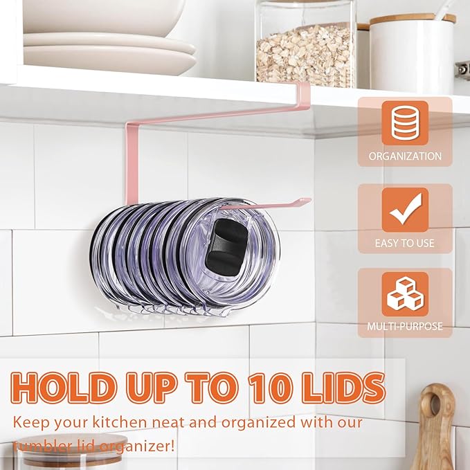 Tumbler Lid Organizer, Horizontal Tumbler Lid Storage Hook Up to 10 Lids, Space Saving Cup Lid Holders Under Cabinet Tumbler Lid Hook for Kitchen Organizer and Storage, Paper Towel Rack Hanger (Pink)