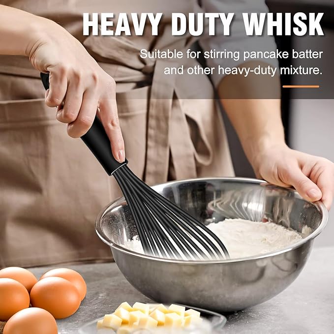 Walfos Whisk,Silicone Whisk Set of 4 Non-Scratch Silicone Coated Whisks for cooking.BPA Free and Dishwasher Safe 5+7+9+11in wisk Nice for Blending Beating Stirring and Mixing (Black）