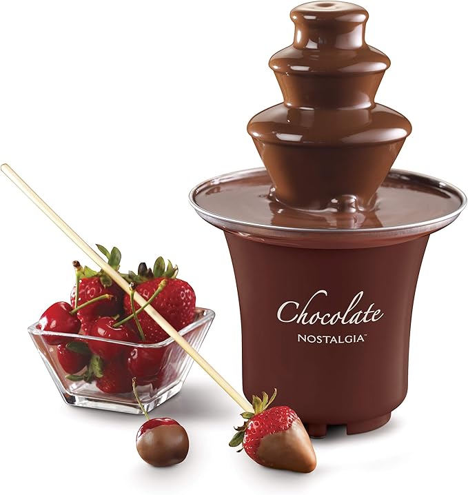 Nostalgia 3 Tier Electric Chocolate Fondue Fountain Machine for Parties - Melts Cheese, Queso, Candy, and Liqueur - Dip Strawberries, Apple Wedges, Vegetables, and More - 8-Ounce - Brown