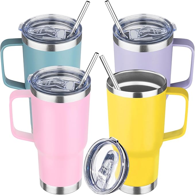 20oz Stainless Steel Insulated Tumbler with Handle and Lid, Double Wall Vacuum Insulated Coffee Mug, Leak Proof Travel Mug for Hot and Cold Drink, Mix Color-4 Pack