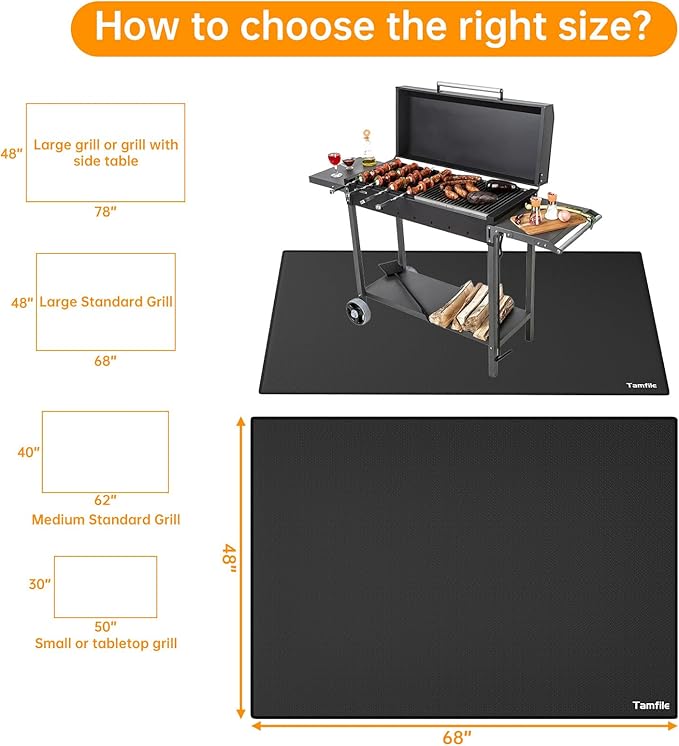 Tamfile Large 68 x 48 Inch Under Grill Mats for Outdoor Grill, Double-Sided Fireproof Heat-Resistant Pad, Indoor Fireplace/Fire Pit Rubber Mat, Oil-Proof Waterproof BBQ Protector for Deck and Patio