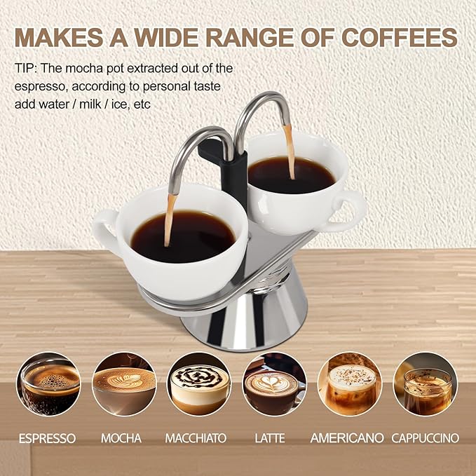 Uncoated 2 Cup Dual Pipe Moka Pot 304 Thickened Stainless Steel Mini Coffee Maker Stovetop Espresso Coffeemaker Italian Classic Style Brewing Greca Cafe Mocha for Camping Travel Home 150ml