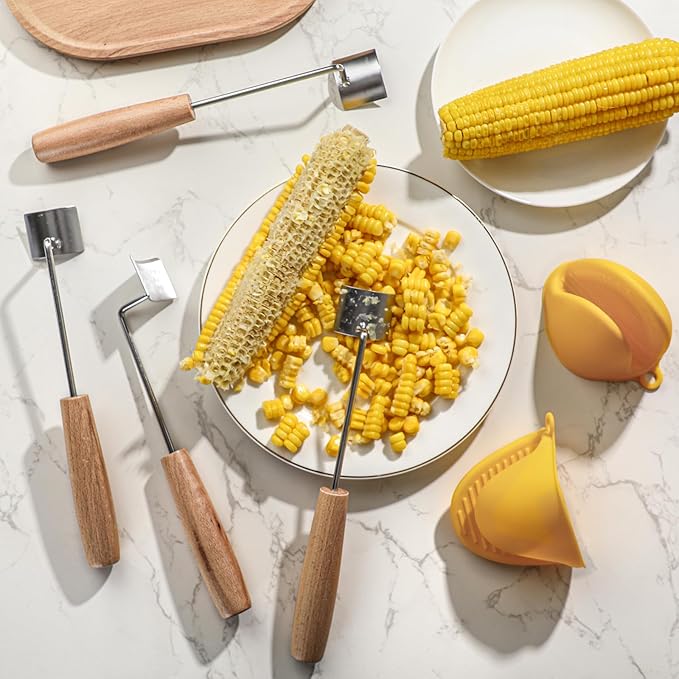 Corn Peeler for Corn on The Cob Corn Cutter Peeling Tool with Gloves (4 Stainless Steel Peelers, 2 Yellow Gloves)