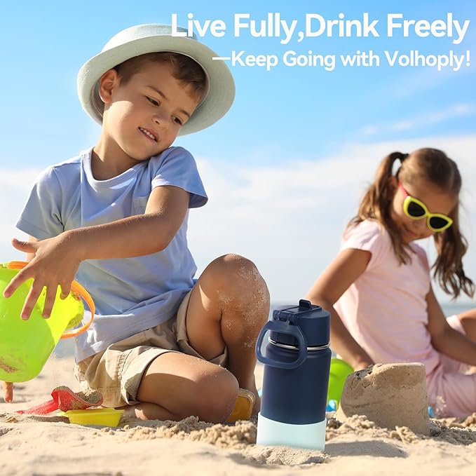 Volhoply 14oz KIds Stainless Steel Insulated Leakproof Water Bottle with Straw Lid and Silicone Boot,BPA-Free Easy Use for Boys&Girls,Double Wall Vacuum Bottles(Blue Green,1)