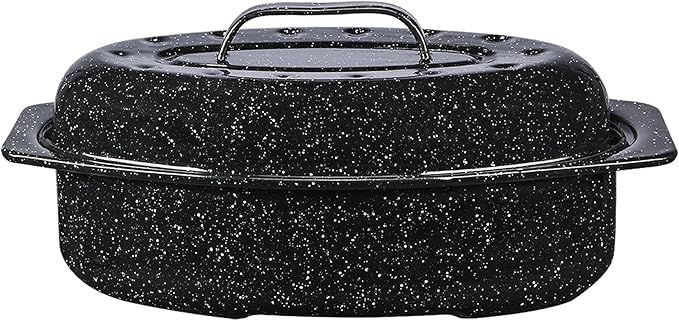Granite Ware 13-inch oval roaster with Lid. Enameled steel design to accommodate up to 7 lb poultry/roast. Resists up to 932°F. Ideal for preparing meals for two!
