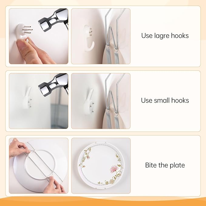 Bilillo 14 pcs Plate Hangers for The Wall, 4/6/8/10/12 Inch Invisible Plates Hangers, Stainless Steel Plate Wall Holders for Display Various Sizes with Hooks for Decorative Silver