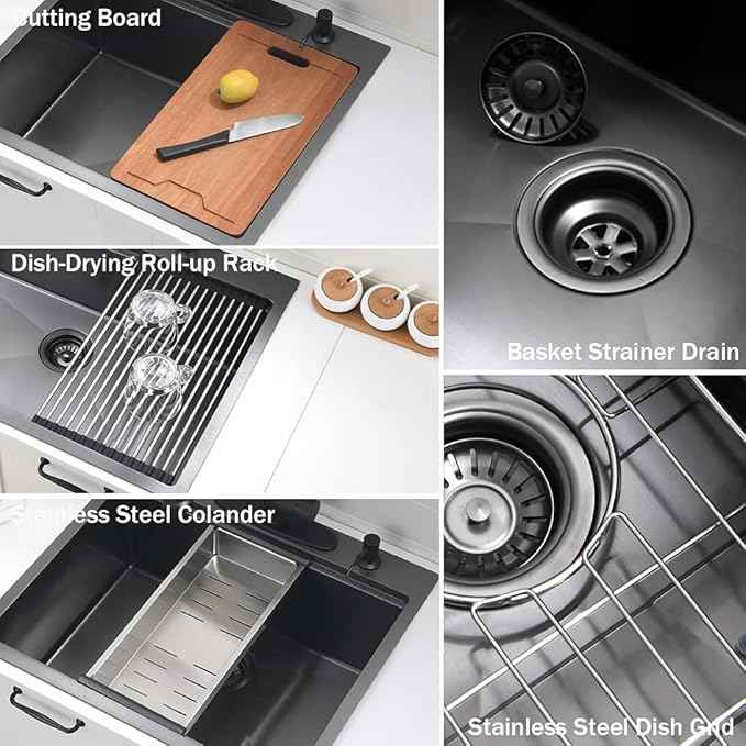 25 Inch Black Drop In Kitchen Sink Workstation - VOKIM 25x22-Inch Drop In sink 16 Gauge Stainless Steel 10'' Deep Single Bowl Handmade Kitchen Sink with Cutting Board& Strainer
