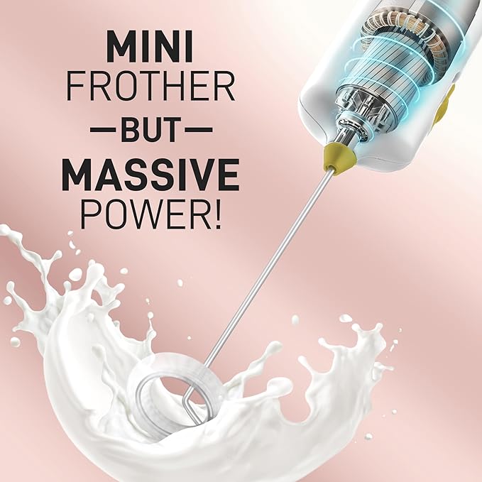 Mini & Mighty Milk Frother Wand – Powerful Handheld Coffee Frother, Battery Operated Drink Mixer – Compact Pocket Size – Detachable Whisk for Latte, Cappuccino, Matcha, Hot Chocolate – White Gold