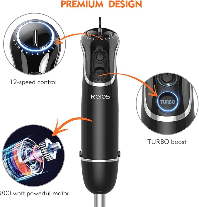 KOIOS 800-Watt/ 12-Speed Immersion Hand Blender(Titanium Reinforced), Turbo for Finer Results, 4-in-1 Set Includes BPA-Free Food Chopper / Egg Beater / Beaker, Ergonomic Grip, Detachable