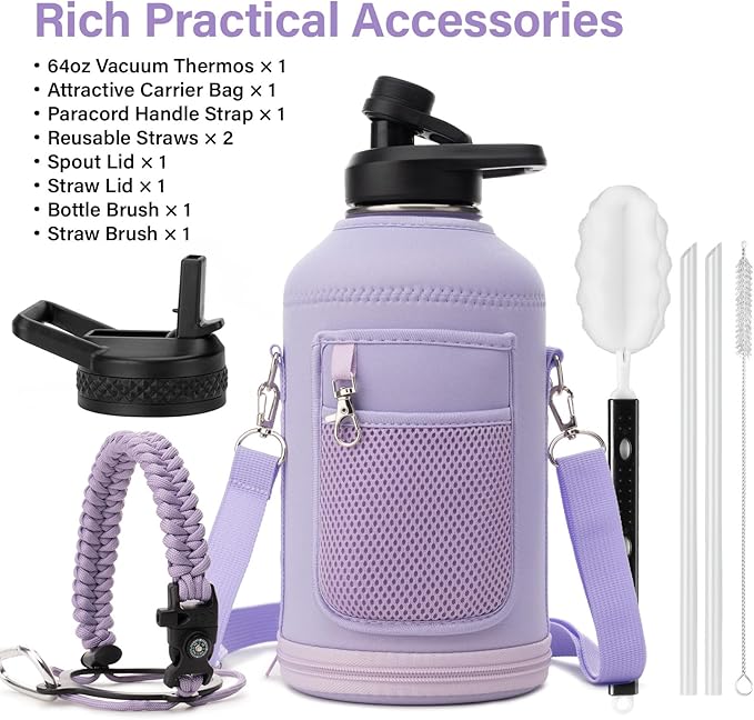 DYSANKY Insulated Water Bottle | Thickened Stainless Steel Vacuum Metal | Portable Sports Half Gallon Large Water Jug for Gym and Hiking with Straw, Carrier Bag, Handle Strap | BPA-Free 64 oz