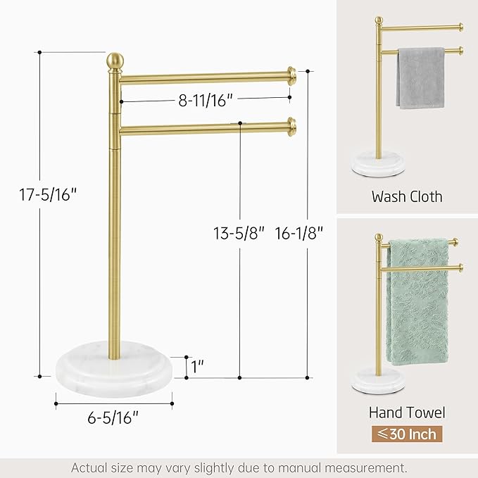 KES Anti Wobble Hand Towel Holder Stand with 2X Weighted Marble Base, Rustproof 18/8 Stainless Steel Countertop Hand Towel Stand for Bathroom, Vanity, Kitchen, Brushed Gold, BTH242-BZ