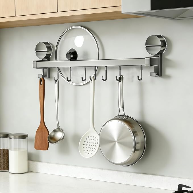 Wall Mounted Utensil Hook Rack with 8 Hooks, No Drill Installation, Space Gray Finish, Kitchen Organizer for Coats, Bags, and Accessories，Suction Cup Storage (2 Pack)