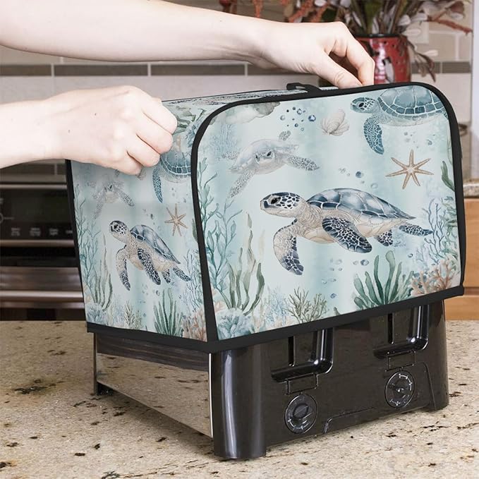4 Slice Toaster Cover,Ocean Sea Turtles Small Kitchen Appliance Bread Machine Cover with Pockets,Dust & Fingerprint Protection
