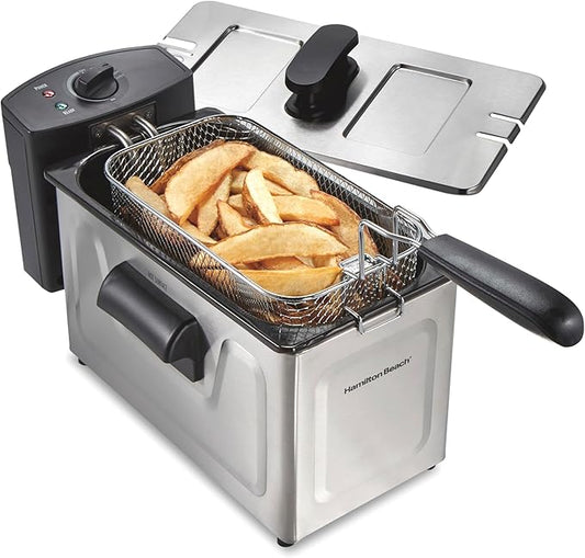 Hamilton Beach Family Style Electric Deep Fryer, Includes Frying Basket with Hooks, 1500 Watts, Easy Detach Magnetic Cord, 3 Liter / 12 Cup Oil Capacity, Stainless Steel (35220G)