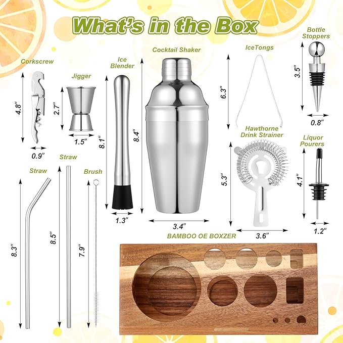 Mifoci 28 Pcs Bartender Kit, Mixologist Bartender Kit Garnish Tray with Lid Bar Caddy and 3 Tier Glass Rimmer, 17 Pcs Margarita Cocktail Shaker Set with Wooden Base for Home Bar Gift Set (Acacia)