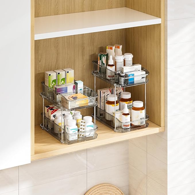 Delamu 2-Tier Under Sink Organizers and Storage, Multi-Purpose Stackable Bathroom Cabinet organizers, Pull Out Kitchen Pantry Organization and Storage with Dividers(4 Pack, Grey)