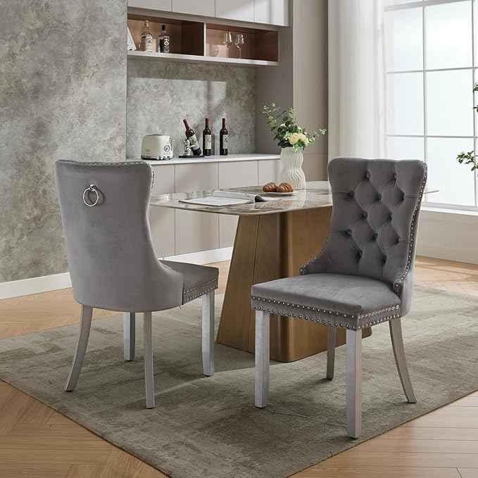 Velvet Dining Chairs Set of 2, Kitchen & Dining Room Chairs, Upholstered Dining Chairs with Back Ring Pull and Silver Solid Wood Legs, Modern Tufted Kitchen Chairs for Dining Room, Light Grey