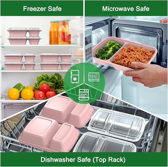 Dealusy 50 Pack (100-Piece) 28 oz Meal Prep Containers Reusable with Lids 2-Compartment, Sturdy Leakproof Food Safe, Microwave Freezer Dishwasher Safe, To Go Take Out Plastic Food Storage, Pink