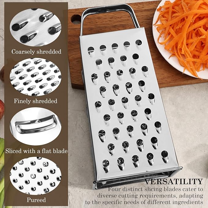 Stainless Steel Vegetable Grater, 4-Sided Portable Metal Grater, Cheese Grater with Handle for Kitchen (8inch)