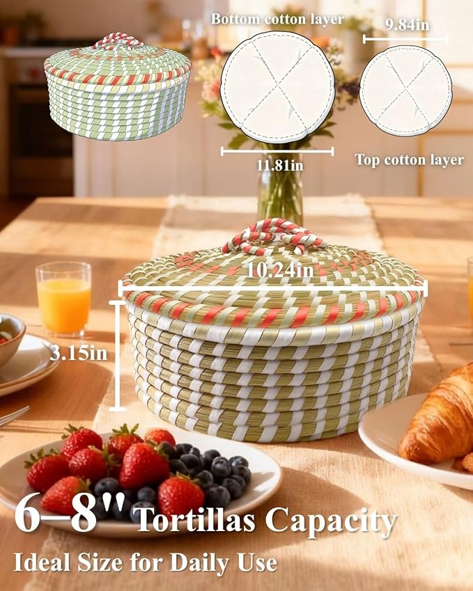 Handwoven Seagrass Tortilla Warmer Basket with Lid, 9.6" Breathable Natural Tortilla Holder with 2 Washable Cotton Liners, Boho Farmhouse Style Server for Tortillas, Roti, Pancake & Flatbread