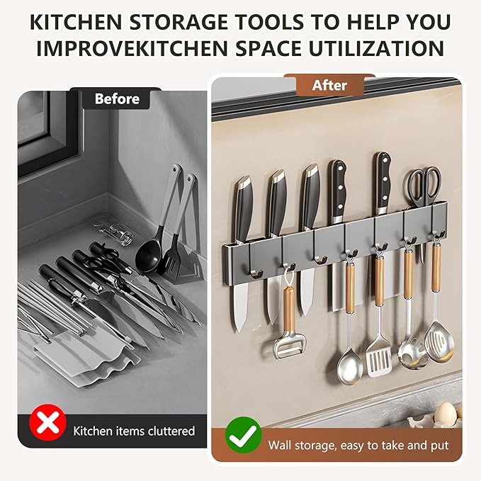 Kitchen Utensil Hanger: Wall Mount Holder Hanging Rack,7 Hooks Utensil Racks,No Drilling for Kitchen,Pantry,Bathroom,Livingroom 15.75 Inch (Dark Gray)