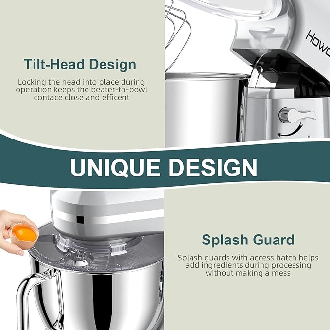 HOWORK Electric Stand Mixer,10+p Speeds With 6.5QT Stainless Steel Bowl,Dough Hook, Wire Whip & Beater,for Most Home Cooks (Silver)