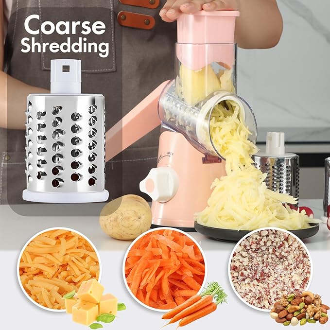 Rotary Cheese Grater with Handle, Round Mandoline Speed Kitchen Slicer, 3 in 1 Multifunctional Vegetable Shredder Manual Nut Grinder for Nuts, Potato, Carrot, Cucumber (Pink)