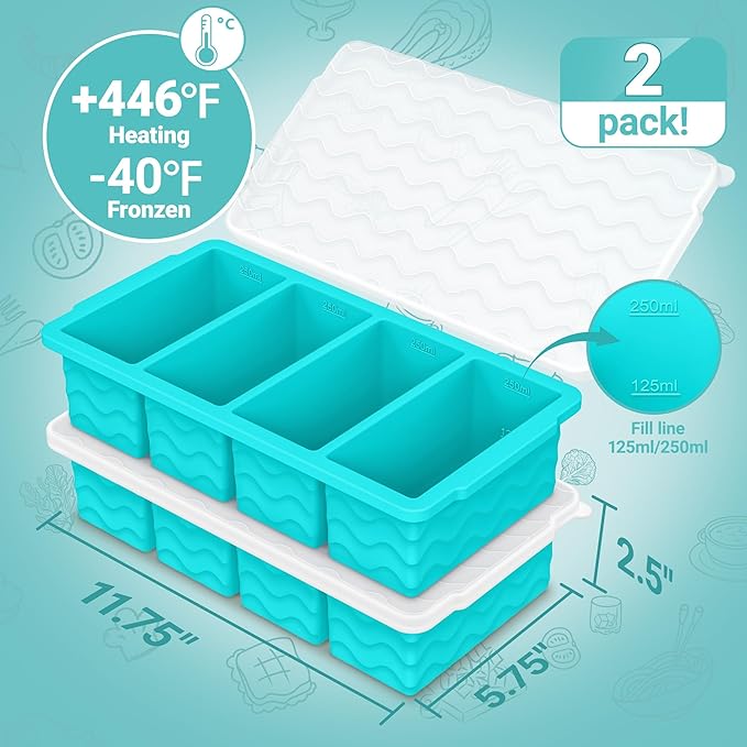 Doasuwish Silicone Freezer Molds for Soup with Lid – 1-Cup Soup Container Style Ice Cube Trays for Freezer, Meal Prep & Food Storage, Freeze 250mL/125mL Portions – 4 Pack