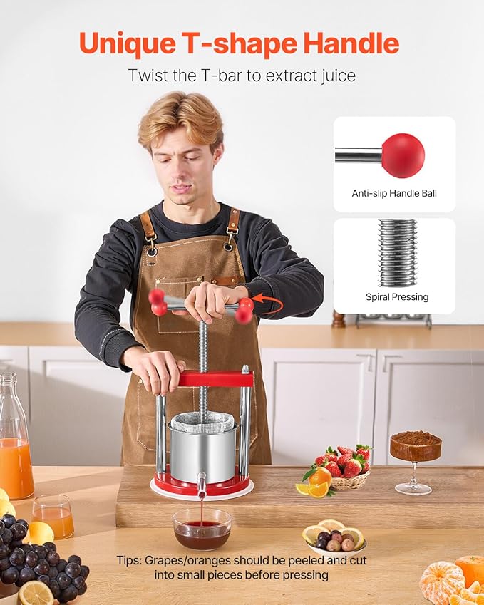 VEVOR 0.44 Gal/1.65L Fruit Wine Press, 2 Stainless Steel Barrels, Manual Juice Maker, Cider Apple Grape Tincture Honey Olive Oil Making Press with T-Handle for Outdoor Kitchen Home