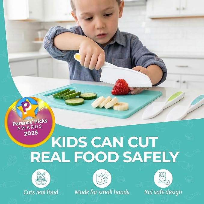 Tovla Jr Kids Safe Knife Set for Real Cooking | Toddler Knife Set with Chopper and Cutting Boards | Montessori Kitchen Tools with Visual Recipe Booklet | Ages 4 to 10