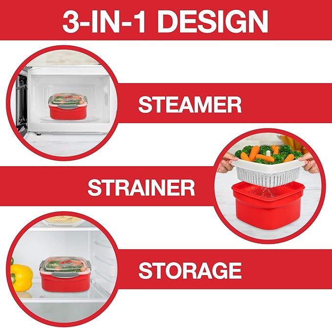 3pc Microwave Cookware Vegetable Steamers (2 pack)- Reusable Meal Prep Food Containers, Store Leftovers-Removable Strainer & Locking Steam Vent Lid- BPA Free, Fridge and Freezer Safe | 1.3 Liters