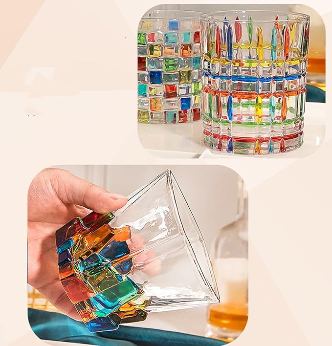 Colorful Drinking Glasses, Hand Painted Colored Water Glasses, Multicolor Water Glasse,Whiskey Wineglass Glasses,Tumbler Glasses (Weave)
