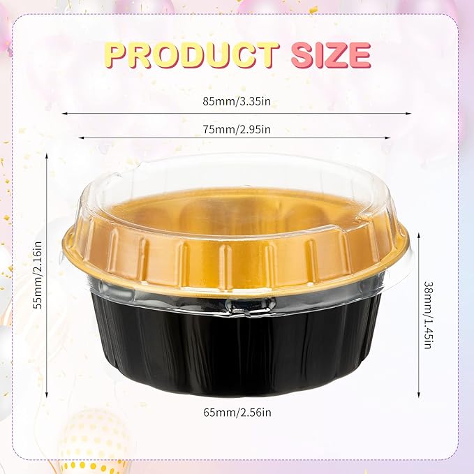 Tessco for you 200 Pcs Disposable Ramekins with Lids 8 oz Creme Brulee Ramekin Aluminum Foil Cup Cupcake Liner Baking Valentines Disposable Muffin Tin Pan Cheesecake Container (Black,Gold,Silver)