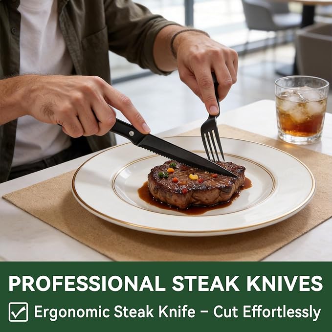 JUNLIN 49 Pieces Black Silverware Set with Steak Knives, Stainless Steel Silverware with Organizer Flatware Utensils Set for 8, Forks and Spoons Silverware Set Cutlery Set