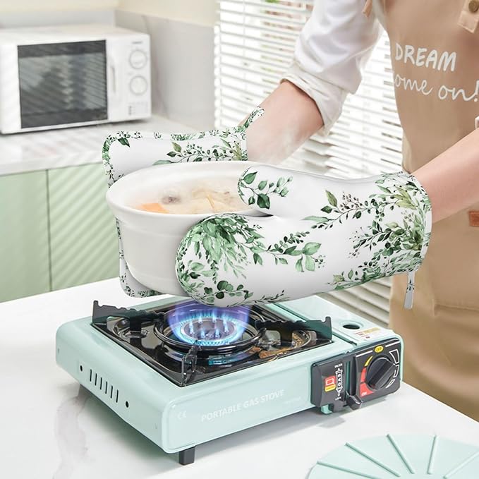 Olive Green Eucalyptus Oven Mitts and Pot Holders Set, 4pcs Silicone Watercolor Plant Leaves with Floral Oven Glove for Kitchen Heat Resistant Oven Mitts and Potholders Non-Slip for Cooking