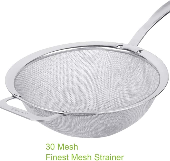 9" Large Mesh Strainer, Stainless Steel 18/8 Extra Fine Quinoa Sieve, with Solid Sturdy Handle, Flour Filter with Wider Hook