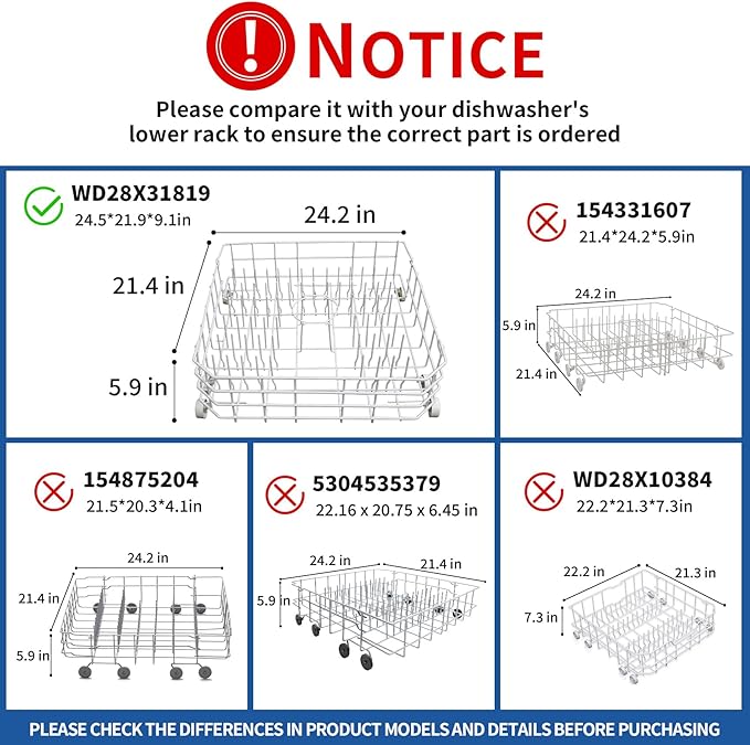 WD28X31819 WD28X10284 Lower Dishwasher Rack Replacement Compatible With GE Kenmore Dishwasher Rack Assembly ADW1100N10WW Replaces WD28M65 WD28X10001 WD28X10054 WD28X10213 WD28X10335 WD28X305