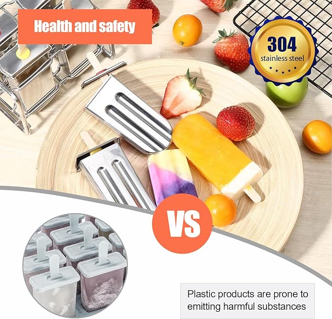 Stainless Steel Popsicle Molds, Set of 6 Ice Cream Maker, Ice Pop Molds With Holder, Metal Reusable Homemade Popsicle Molds with Sticks and Bags (Round Head, with Slot)