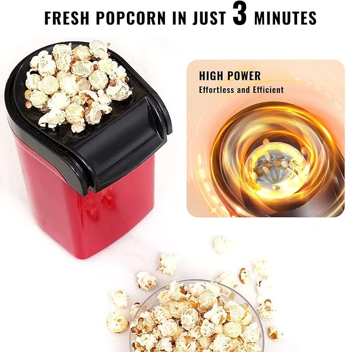 Hot Air Popcorn Popper, Mini Electric Popcorn Maker, Oil-Free Air Popper Up to 8 Cups in Minutes, Measuring Cup Butter Melting Tray, One-Touch Switch, Easy 1-2-3, Movie Night, Dorm(Red)