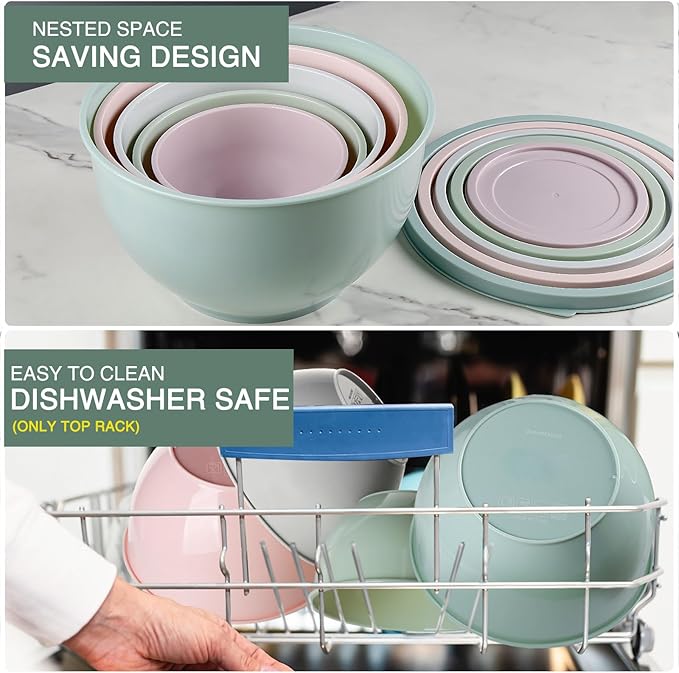 Greentainer Plastic Mixing Bowls with Lids Set for Kitchen, 5 Set Nesting Bowls for Mixing, Baking, Prepping, Cooking and Serving Food, Mixing Bowls Dishwasher, Microwave Safe
