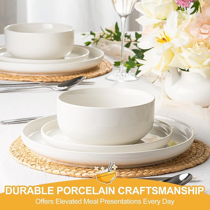 EWFEN Plates and Bowls Sets, 24 Pieces Ceramic Dinnerware Set for 8, Stoneware Dishware Dishes Set, Scratch Resistant Dishes Set, Dishwasher & Microwave Safe, White