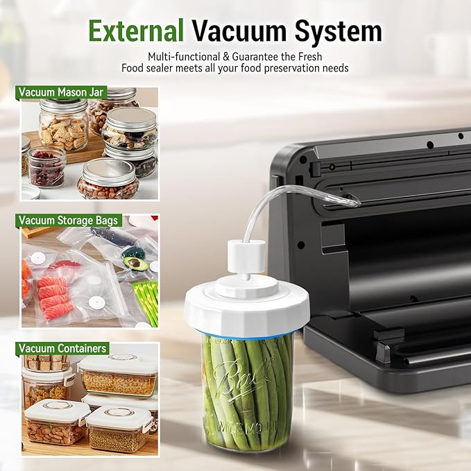 Vacuum Sealer for Food, Food Saver Vacuum Sealer Machine, Powerful Suction, Build-in Cutter, UV Compact Food Sealer, Dry&Wet Modes, Vacuum Sealer Kit with Bag Roll&Mason Jars&Reusable Vacuum Seal Bags